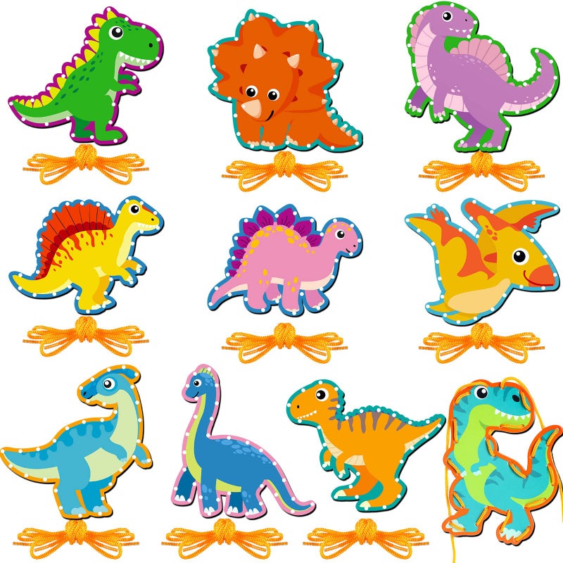 Pajean 10 Pcs Kids Lacing Cards Animal Sewing Cards Kits Double Sided Toddler Lacing Toys Crafts Developing Imagination Preschool Educational Learning Activity SuppliesDinosaur Style - Image 3