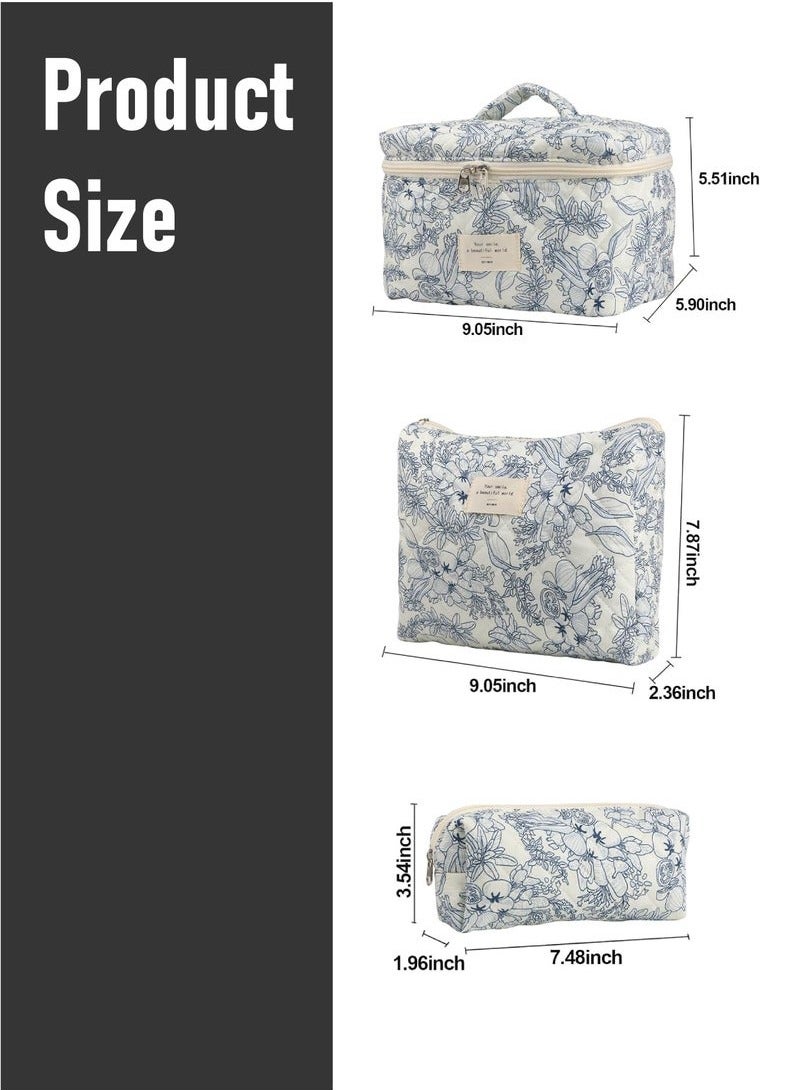 Makeup Bag Set 3 pcs, Quilted Makeup Bag, Large Floral Cosmetic Bag for Women, Cute Cotton Makeup Bag, Flower Travel Toiletry Organizer Bag