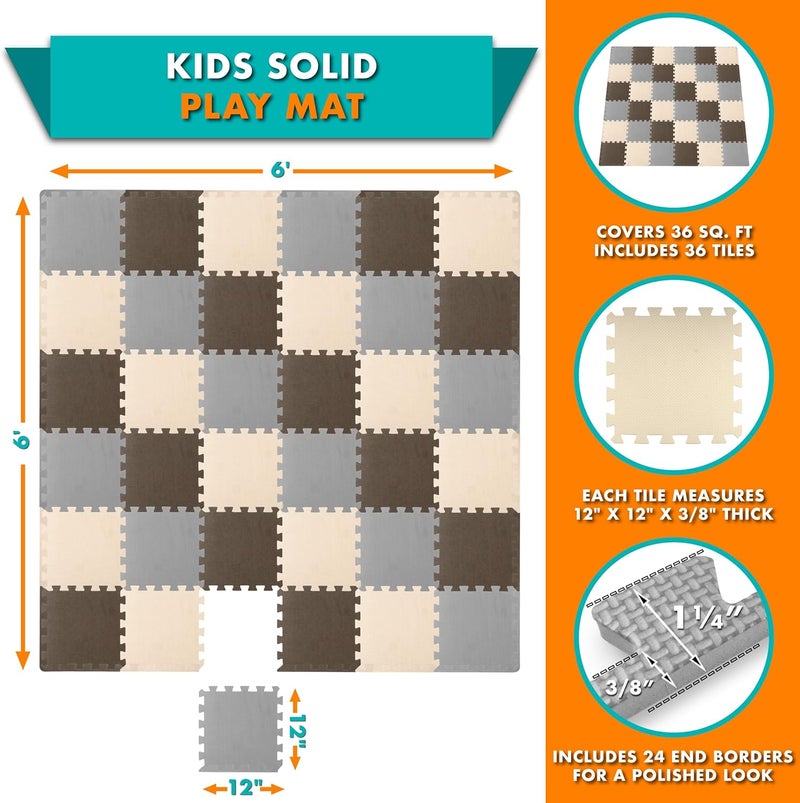 ProSource Foam Puzzle Floor Play Mat for Kids and Babies with Solid Colors, 36 or 16 Interlocking Tiles with Borders, Brown/Beige/Grey - Image 2