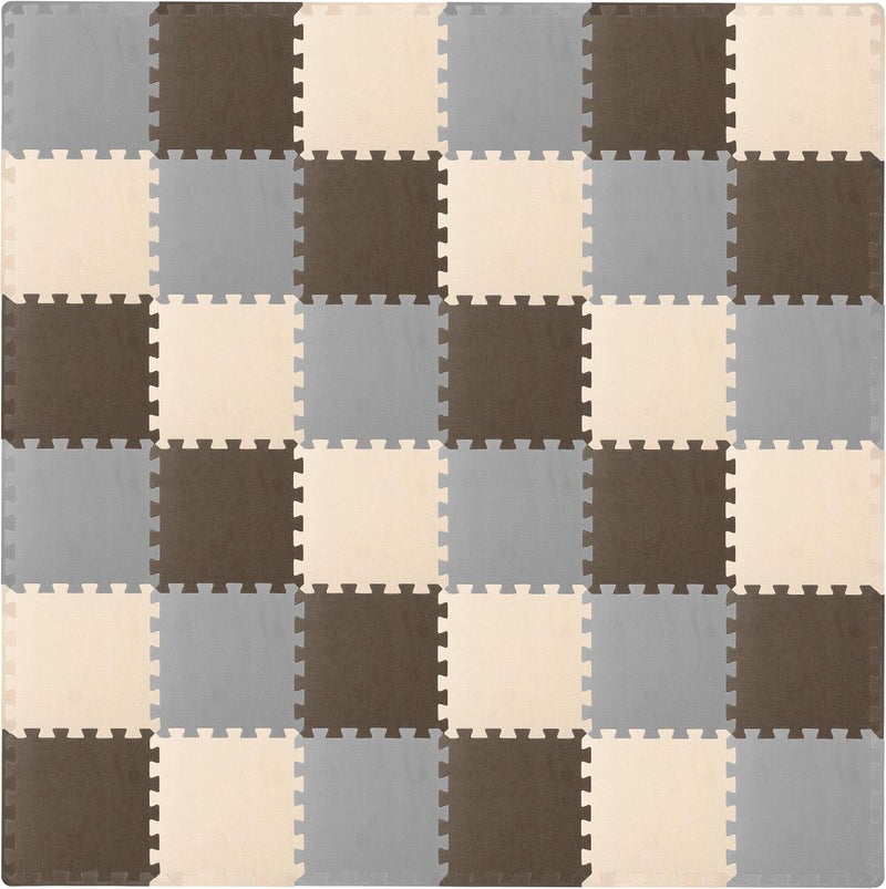 ProSource Foam Puzzle Floor Play Mat for Kids and Babies with Solid Colors, 36 or 16 Interlocking Tiles with Borders, Brown/Beige/Grey - Image 1