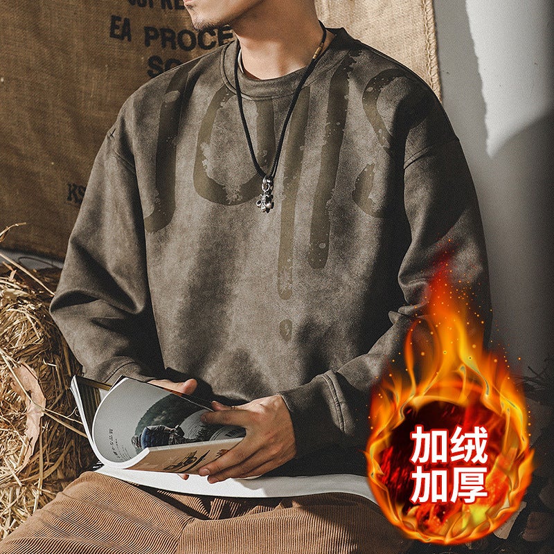 American Retro 350G Heavy Fleece-Lined Sweater Men'S Ins Trendy Loose Fashion Brand Suede Autumn T-Shirt - Image 1