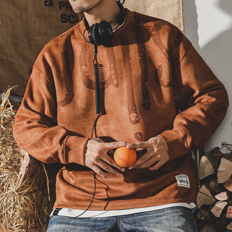 American Retro 350G Heavy Fleece-Lined Sweater Men'S Ins Trendy Loose Fashion Brand Suede Autumn T-Shirt - Image 3
