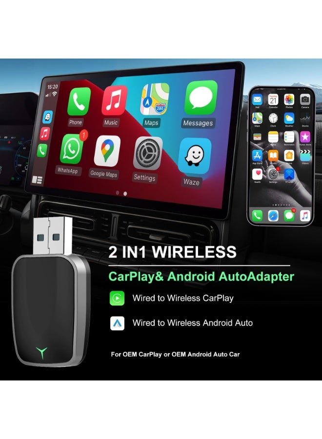 كونشاو محول CarPlay اللاسلكي و Android Auto 2-in-1 Plug and Play ، تحويل محول سلكي إلى محول لاسلكي ، مناسب لـ Apple CarPlay / Android Auto ، Bluethooth مستقر منخفض التأخير ، (أسود) - Image 2