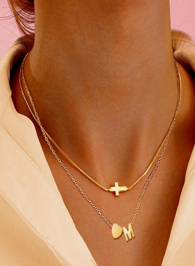 RechicGu 2 Pcs Heart Initial Pendant and Cross Necklace for Women, 18K Golden Color Plated Jewelry Dainty Tiny Side Cross Choker Trendy Letter Charms Chain Gifts for Her M - Image 2