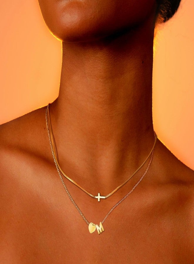 RechicGu 2 Pcs Heart Initial Pendant and Cross Necklace for Women, 18K Golden Color Plated Jewelry Dainty Tiny Side Cross Choker Trendy Letter Charms Chain Gifts for Her M - Image 4