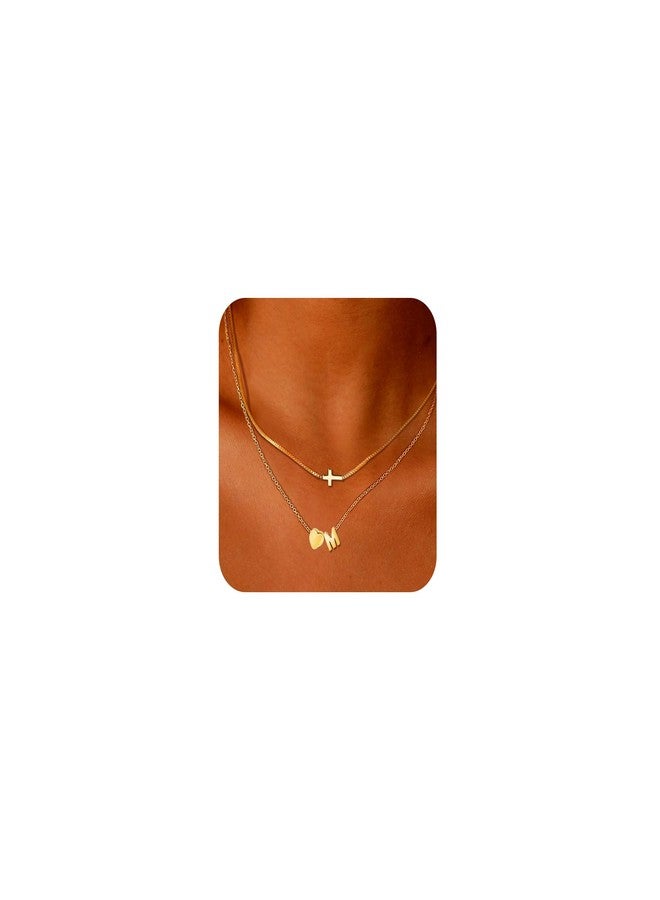 RechicGu 2 Pcs Heart Initial Pendant and Cross Necklace for Women, 18K Golden Color Plated Jewelry Dainty Tiny Side Cross Choker Trendy Letter Charms Chain Gifts for Her M - Image 1