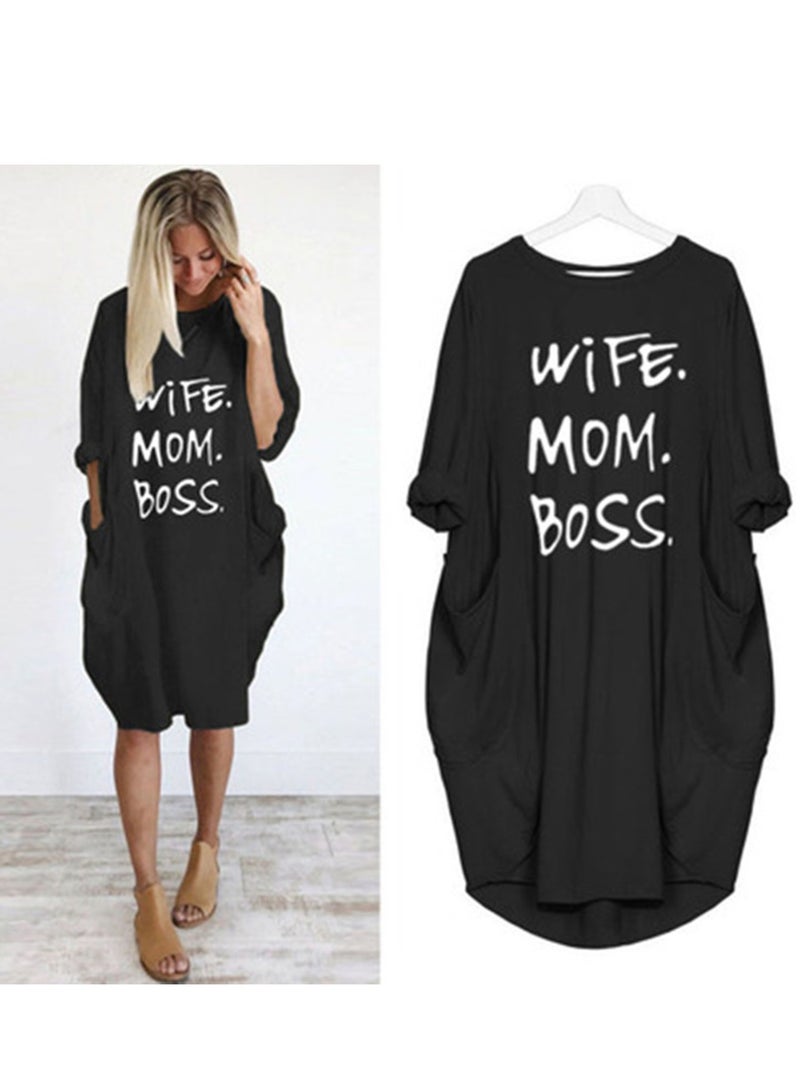 SYOSI Wife Mom Boss dress Letters Print Cotton Long Sleeve T Shirt Dresses Round Neck Long Sleeve Causal Loose Baggy Oversized Dresses with Big Pockets For Women black - Image 1