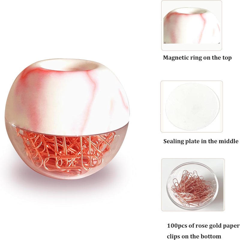 Supfoxer Magnetic Paper Clip Holder, Red Marble Holder with Rose Gold PaperClips 100pcs 28mm(1.1") Cute Office Supplies for Desk Organizer - Image 3