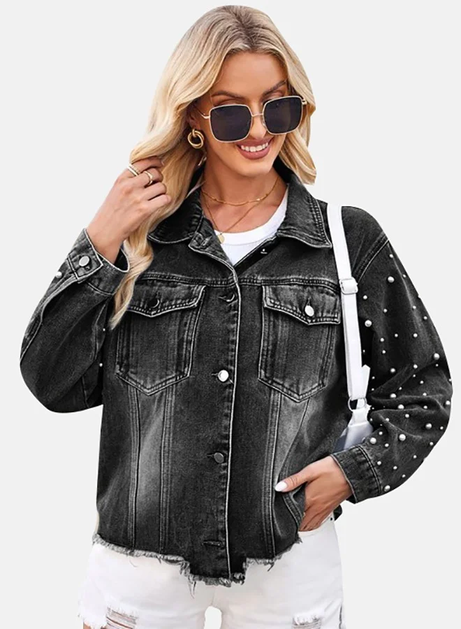 يونيكي Black Collared Long Sleeve Denim Jacket