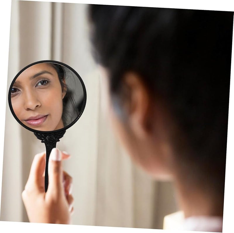مرآة مكياج يدوية سوداء بتصميم كلاسيكي بمقبض مريح، مرآة سفر صغيرة ومحمولة - Image 3