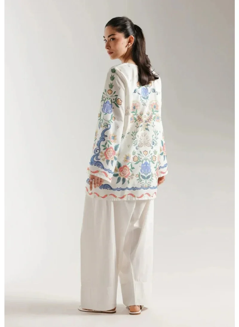 FARSHI White Floral Embroidered 2-Piece Tunic and Pant Set