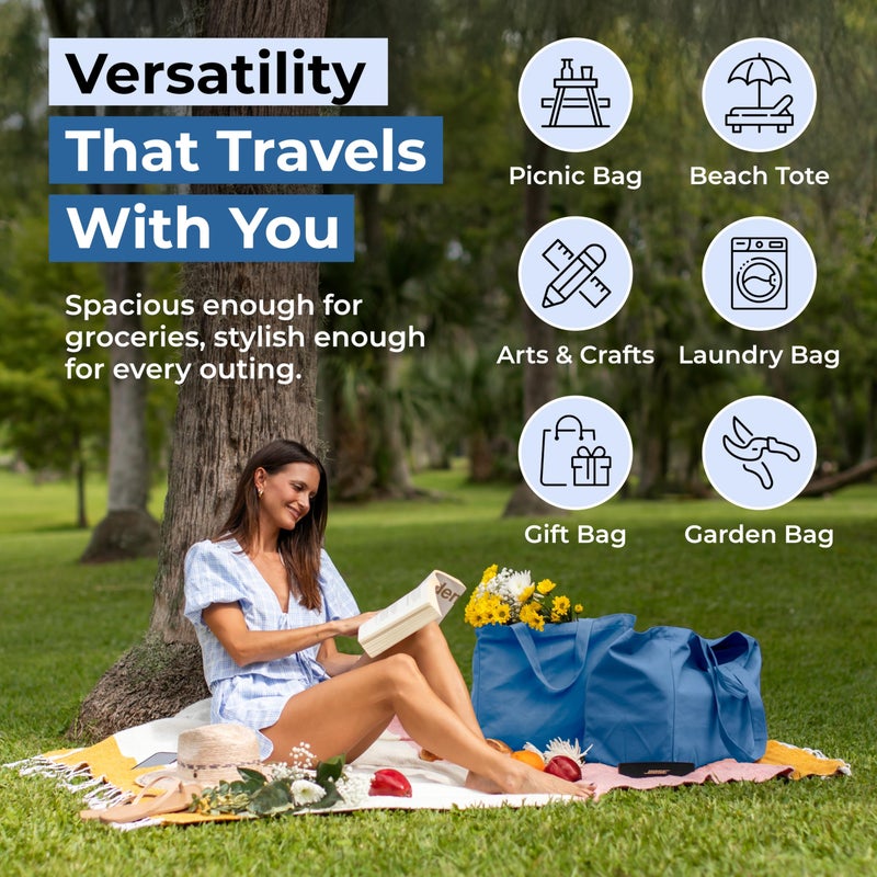 VeraMia Canvas Grocery Bag 3pc Jumbo Set with Real Pockets, Long Shoulder Strap and Short Handle. Reusable Shopping Bags for Groceries Heavy Duty, Foldable, Washable, Grocery Tote Bag (Sky Blue) - Image 5