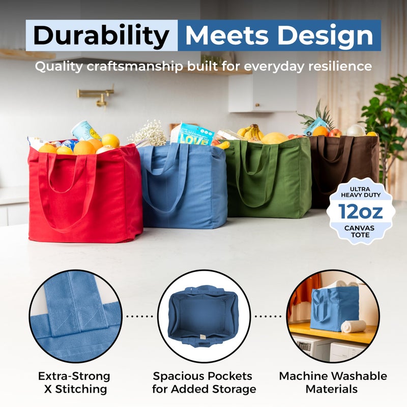 VeraMia Canvas Grocery Bag 3pc Jumbo Set with Real Pockets, Long Shoulder Strap and Short Handle. Reusable Shopping Bags for Groceries Heavy Duty, Foldable, Washable, Grocery Tote Bag (Sky Blue) - Image 4