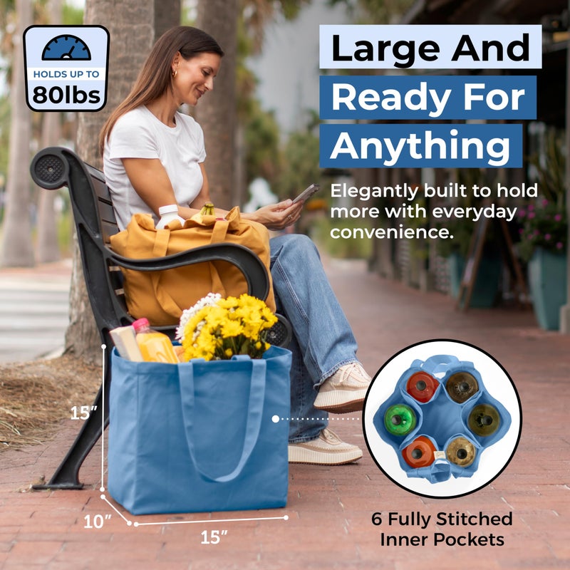 VeraMia Canvas Grocery Bag 3pc Jumbo Set with Real Pockets, Long Shoulder Strap and Short Handle. Reusable Shopping Bags for Groceries Heavy Duty, Foldable, Washable, Grocery Tote Bag (Sky Blue) - Image 2