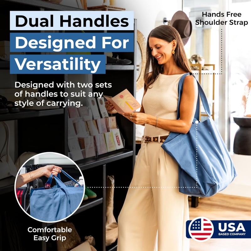 VeraMia Canvas Grocery Bag 3pc Jumbo Set with Real Pockets, Long Shoulder Strap and Short Handle. Reusable Shopping Bags for Groceries Heavy Duty, Foldable, Washable, Grocery Tote Bag (Sky Blue) - Image 3
