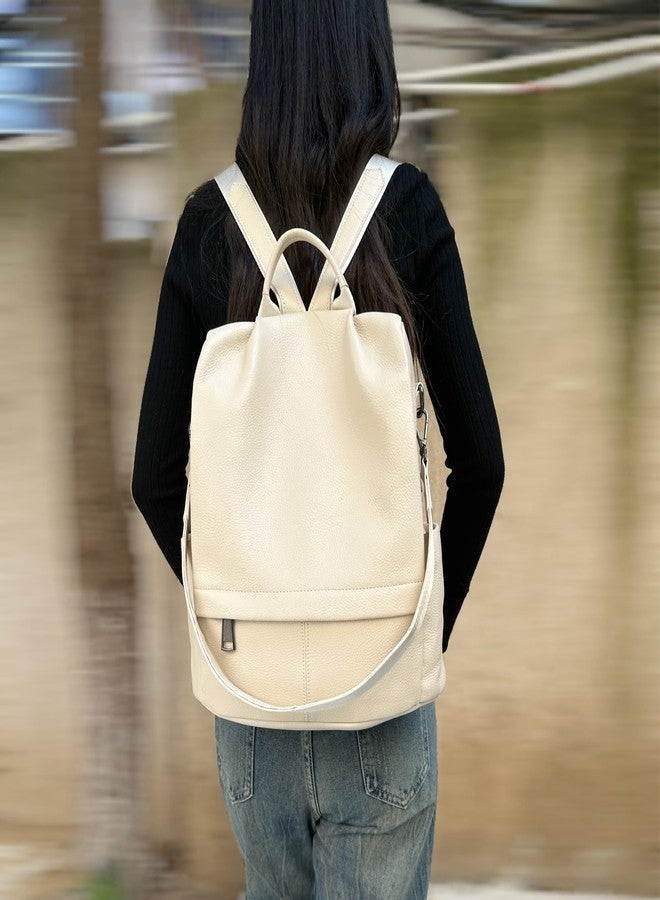 Wesccimo Genuine Leather Backpack Purse For Women Antitheft Real Soft Rucksack Fashion Designer Convertible Ladies Shoulder Bag Beige - Image 2