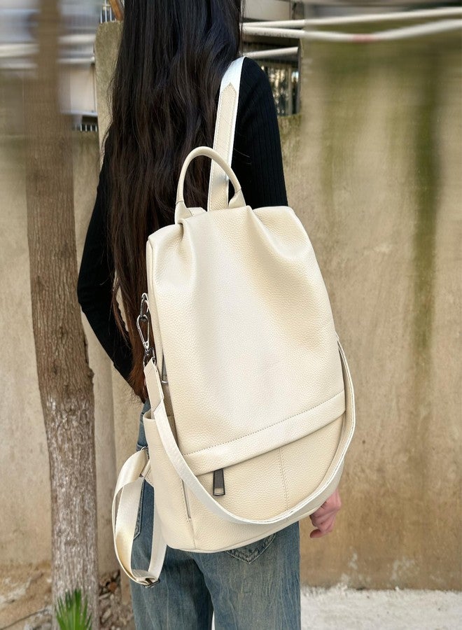 Wesccimo Genuine Leather Backpack Purse For Women Antitheft Real Soft Rucksack Fashion Designer Convertible Ladies Shoulder Bag Beige - Image 4