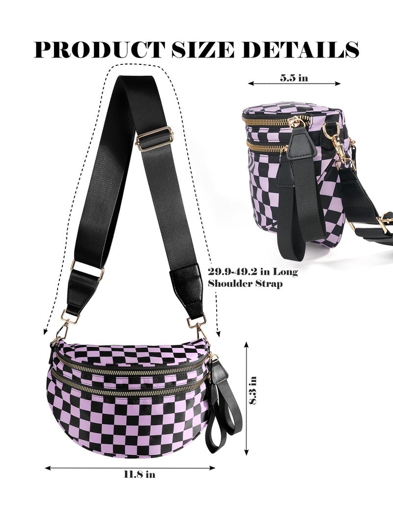 MEISEY Black and White Checkered Crossbody Bag Bum Bag for Women,Spacious Checkered Purse Fanny Packs Belt Bag (Black-Purple Checkered) - Image 3