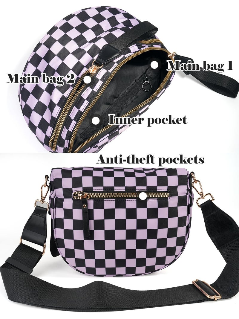 MEISEY Black and White Checkered Crossbody Bag Bum Bag for Women,Spacious Checkered Purse Fanny Packs Belt Bag (Black-Purple Checkered) - Image 4