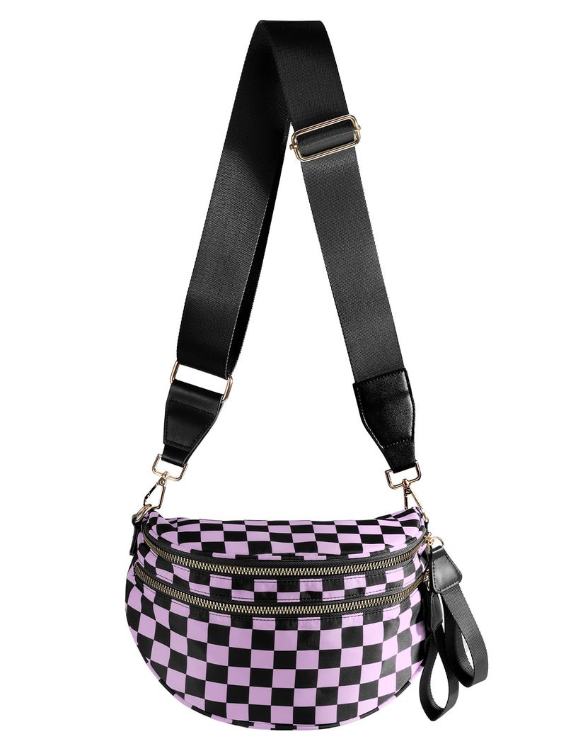 MEISEY Black and White Checkered Crossbody Bag Bum Bag for Women,Spacious Checkered Purse Fanny Packs Belt Bag (Black-Purple Checkered) - Image 1