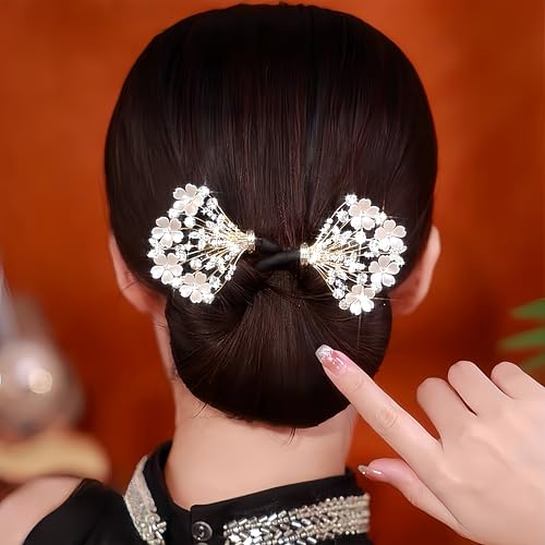 MAKABEE Rhinestone Flower Hair Clip,Lazy Hair Curler Deft Bun Maker,French 2pcs Twist Bun Hairstyle Shaper,Elegant Lazy Hair Curler Bun Clips Deft Twister - Image 2