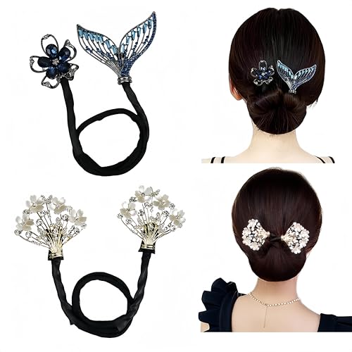 MAKABEE Rhinestone Flower Hair Clip,Lazy Hair Curler Deft Bun Maker,French 2pcs Twist Bun Hairstyle Shaper,Elegant Lazy Hair Curler Bun Clips Deft Twister - Image 1