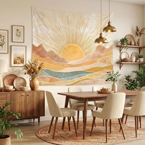 Lifeel Boho Sun Mountain Tapestry, Vintage Minimalist Sunset Geometric Bohemian Abstract Art Tapestries for Bedroom Living Room, 36x48 inches - Image 3