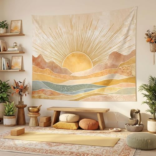Lifeel Boho Sun Mountain Tapestry, Vintage Minimalist Sunset Geometric Bohemian Abstract Art Tapestries for Bedroom Living Room, 36x48 inches - Image 2