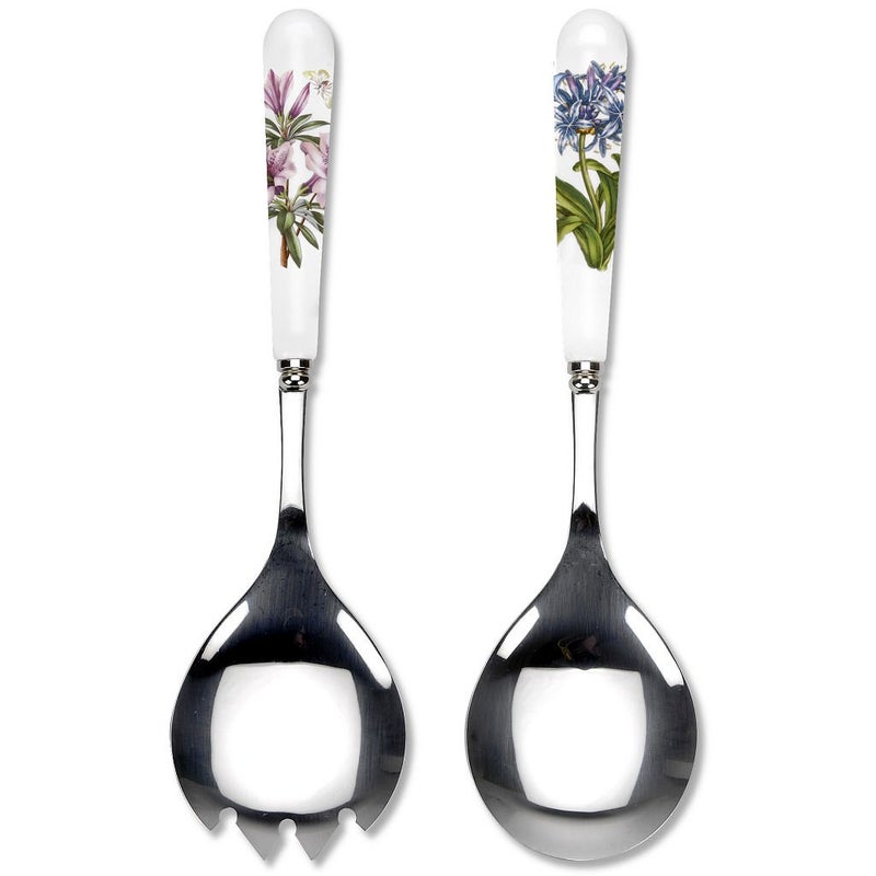 Portmeirion Portmeirion Botanic Garden Set of 2 Salad Servers  10 Inch Salad Serving Set  Azalea and African Lily Motifs  Made from Stainless Steel and Porcelain