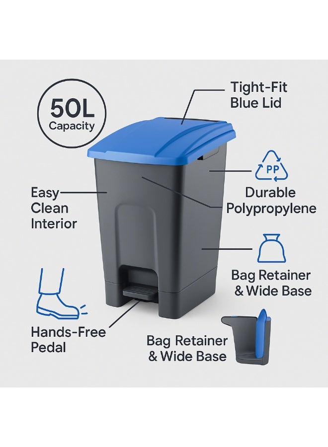 بلانيت حاوية نفايات مستطيلة بسعة 50 ليتر بدواسة قدم ومقبض خلفي من بلاستيك صلب باللون ازرق - Image 4