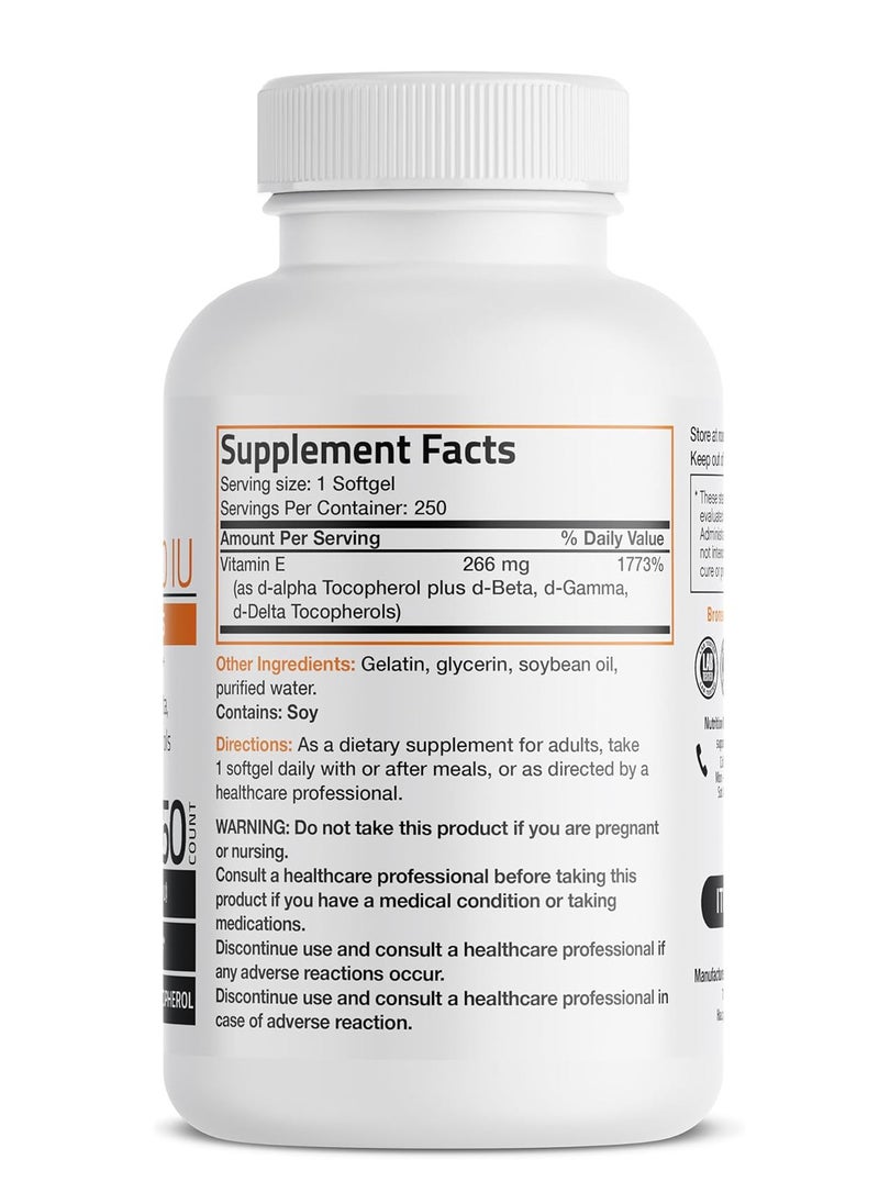 Bronson - Natural Vitamin E Complex 400 I.U. Supplement (d-Alpha Tocopherol Plus d-Beta, d-Gamma, & d-Delta Tocopherols), Natural Antioxidant, 250 Softgels - Image 1