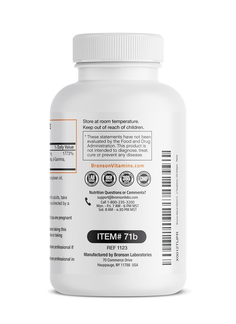 Bronson - Natural Vitamin E Complex 400 I.U. Supplement (d-Alpha Tocopherol Plus d-Beta, d-Gamma, & d-Delta Tocopherols), Natural Antioxidant, 250 Softgels - Image 1