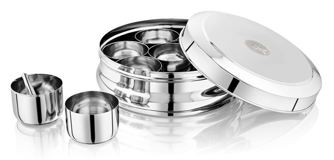 STAINLESS STEEL BELLY SHAPE JENNY MASALA DABBA WITH 7 INNER STEEL CONTAINERS WITH 1 MASALA DABBA SPICE STORAGE BOX FOR KITCHEN SET 1 PCS 2660 ML
