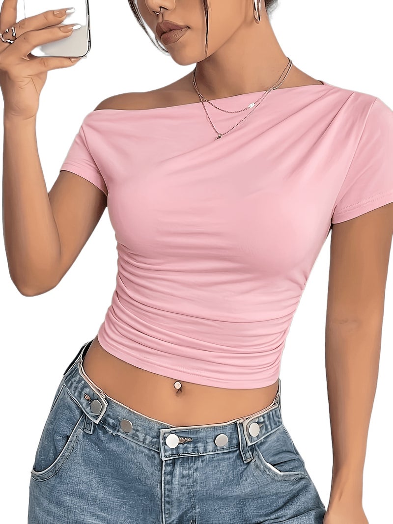 Off - Shoulder Asymmetrical T - Shirt - Pink / XS - Image 1