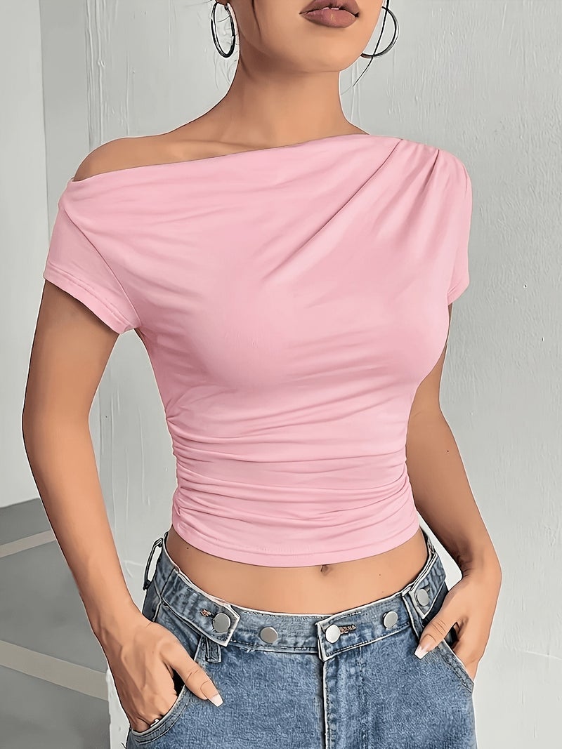 Off - Shoulder Asymmetrical T - Shirt - Pink / XS - Image 3