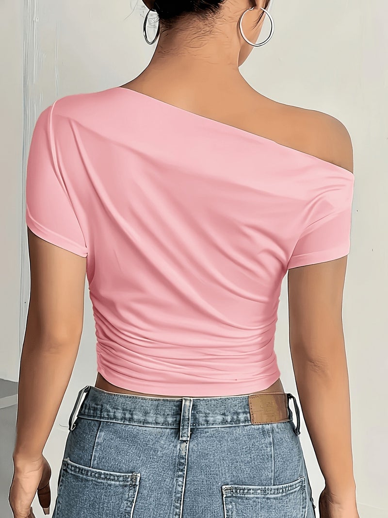 Off - Shoulder Asymmetrical T - Shirt - Pink / XS - Image 2