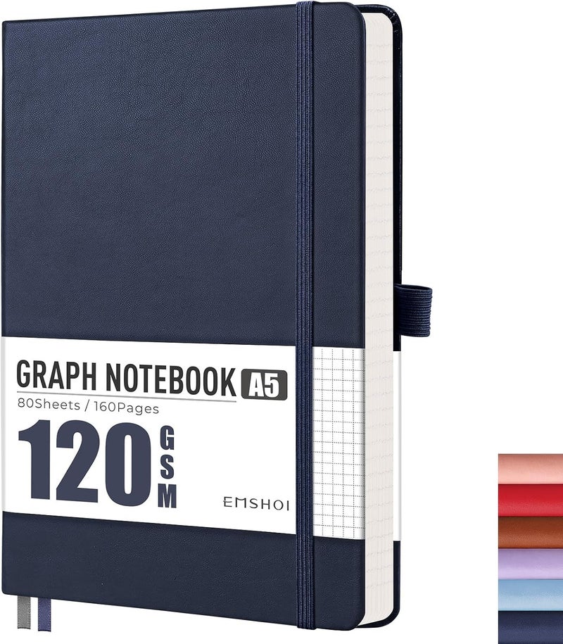 دفتر ملاحظات A5 ورق مربعات - 120 GSM غلاف صلب جلدي مع ملاحظات لاصقة، 160 صفحة دفتر شبكي للنساء والرجال والعمل والمدرسة والرسم البياني والهندسة، 14.5 × 21 سم - أزرق بحري - Image 1