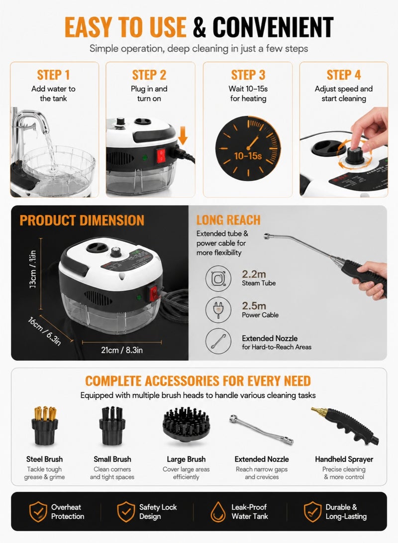 Monda 2500W Handheld Steam Cleaner High Pressure Multi-Surface Steamer for Kitchen Bathroom Car Cleaning 105°C Fast Heat Portable Steam Cleaning Machine with 3 Brush Heads - Image 5