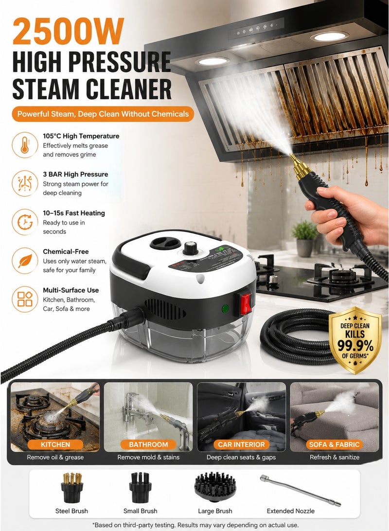 Monda 2500W Handheld Steam Cleaner High Pressure Multi-Surface Steamer for Kitchen Bathroom Car Cleaning 105°C Fast Heat Portable Steam Cleaning Machine with 3 Brush Heads - Image 1