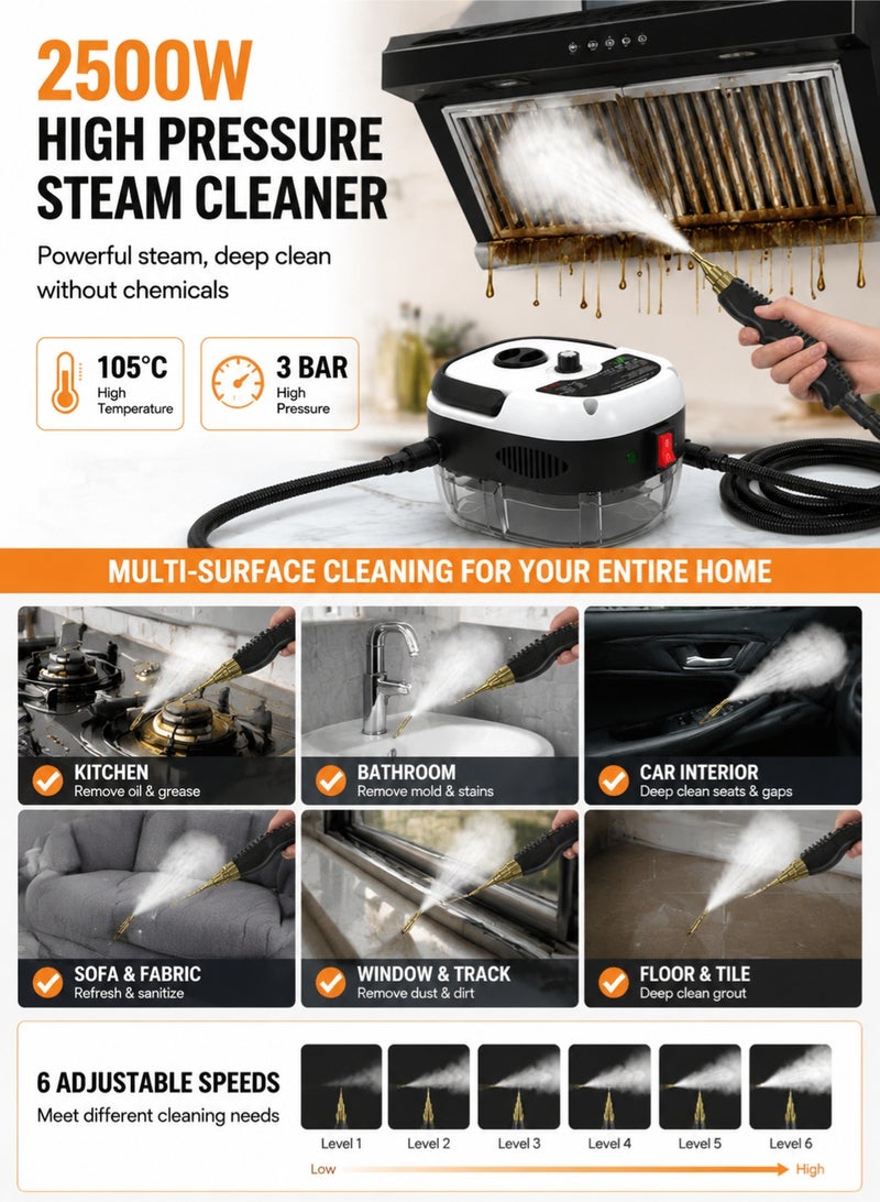 Monda 2500W Handheld Steam Cleaner High Pressure Multi-Surface Steamer for Kitchen Bathroom Car Cleaning 105°C Fast Heat Portable Steam Cleaning Machine with 3 Brush Heads - Image 2