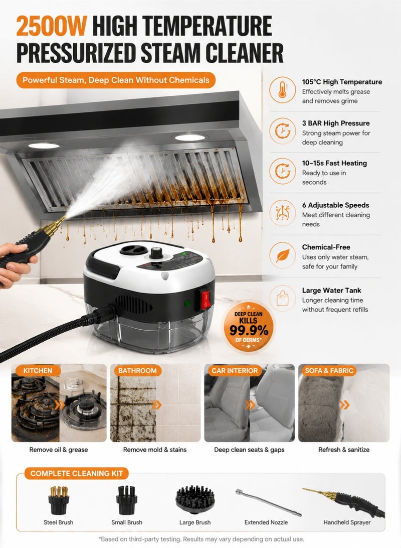 Monda 2500W Handheld Steam Cleaner High Pressure Multi-Surface Steamer for Kitchen Bathroom Car Cleaning 105°C Fast Heat Portable Steam Cleaning Machine with 3 Brush Heads - Image 3