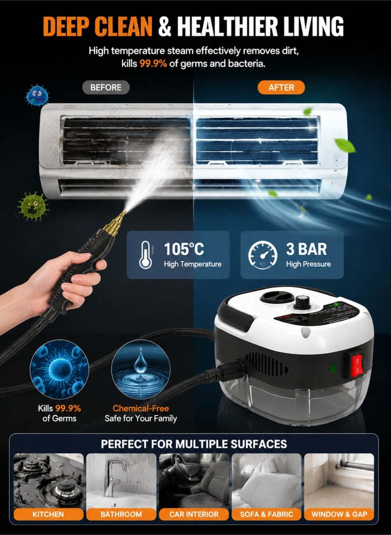 Monda 2500W Handheld Steam Cleaner High Pressure Multi-Surface Steamer for Kitchen Bathroom Car Cleaning 105°C Fast Heat Portable Steam Cleaning Machine with 3 Brush Heads - Image 4