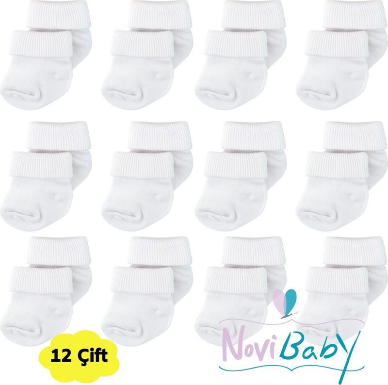 Novibaby 12 علبة جورب بيبي مولود من الخيزران | أبيض مثل الثلج | جورب بيبي أبيض للبنات والأولاد  - Image 1