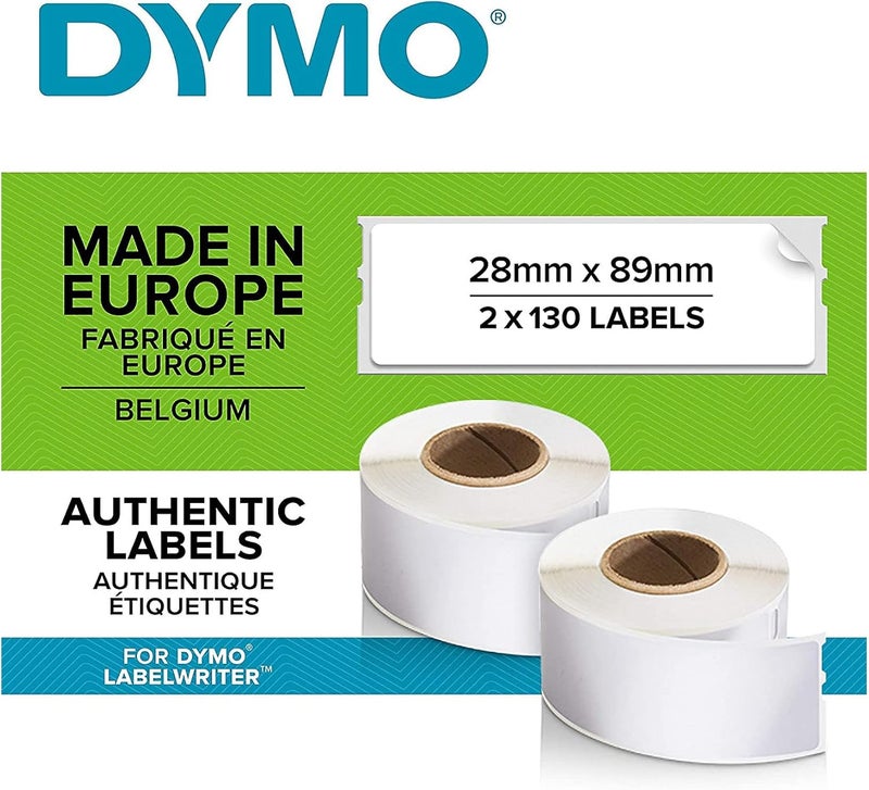 DYMO Authentic LabelWriter Address Labels - 28 mm x 89 mm - Self-Adhesive - 2 Rolls of 130 Labels (260 Easy-Peel Labels) - Made in Belgium - Image 1