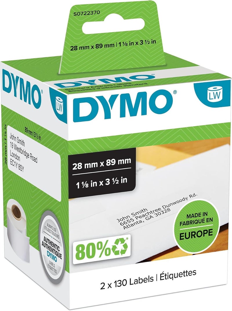 DYMO Authentic LabelWriter Address Labels - 28 mm x 89 mm - Self-Adhesive - 2 Rolls of 130 Labels (260 Easy-Peel Labels) - Made in Belgium - Image 2