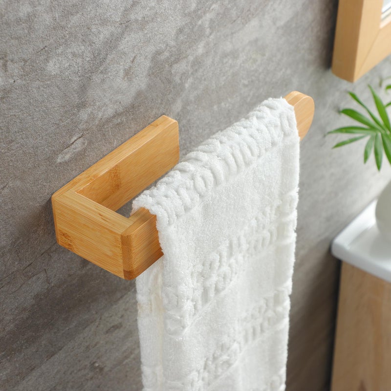 Taozun Towel Holder - Self Adhesive Bamboo Towel Rack, Decorative Natural Wooden Towel Rail for Bathroom, 8 Inch Wall Mounted Towel Bar for Kitchen - Image 3