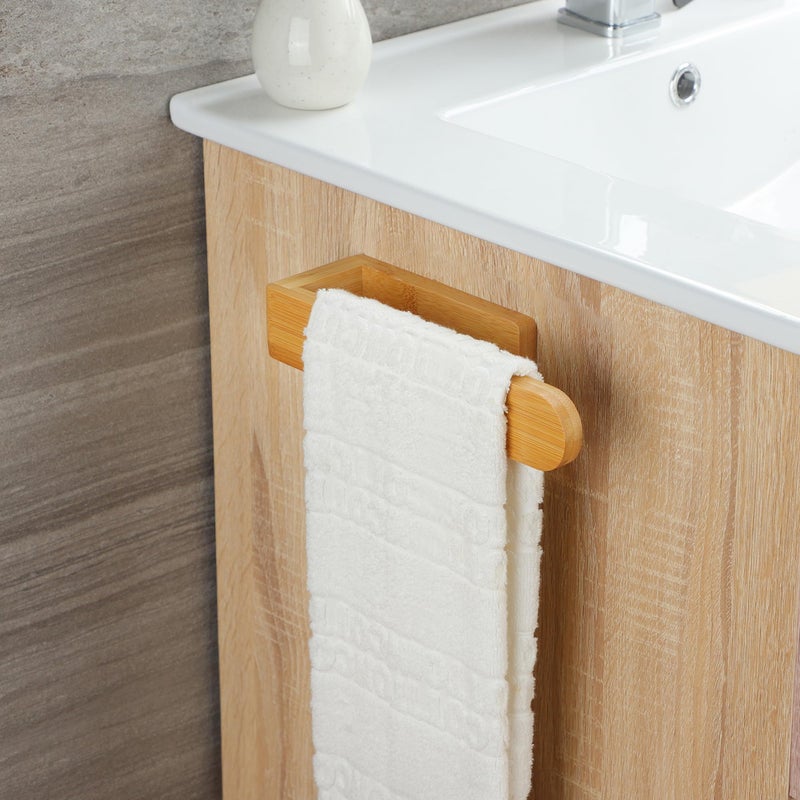 Taozun Towel Holder - Self Adhesive Bamboo Towel Rack, Decorative Natural Wooden Towel Rail for Bathroom, 8 Inch Wall Mounted Towel Bar for Kitchen - Image 4