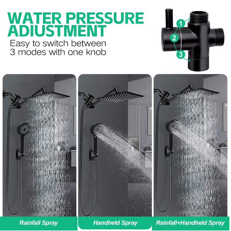 Ashwanth Shower Head,10â€Rain Shower Head with Handheld Spray Combo and Adjustable Extension Arm/3-Way Flow Regulator/Shower System,High Pressure Rain Fall Hose,Matt Black - Image 2