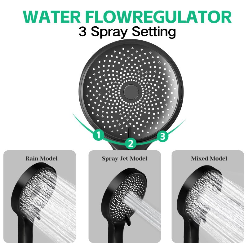 Ashwanth Shower Head,10â€Rain Shower Head with Handheld Spray Combo and Adjustable Extension Arm/3-Way Flow Regulator/Shower System,High Pressure Rain Fall Hose,Matt Black - Image 5