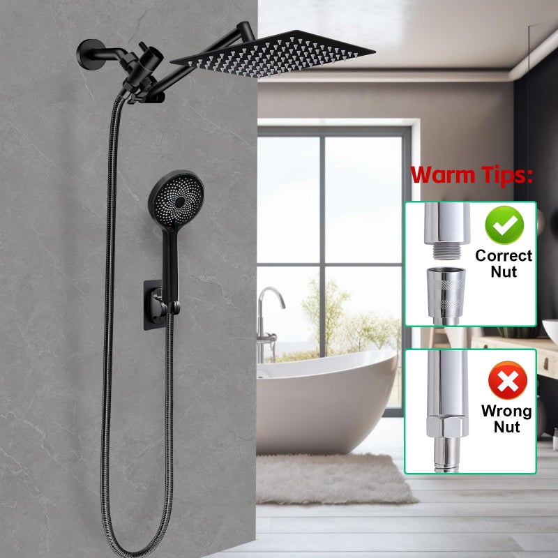 Ashwanth Shower Head,10â€Rain Shower Head with Handheld Spray Combo and Adjustable Extension Arm/3-Way Flow Regulator/Shower System,High Pressure Rain Fall Hose,Matt Black - Image 4